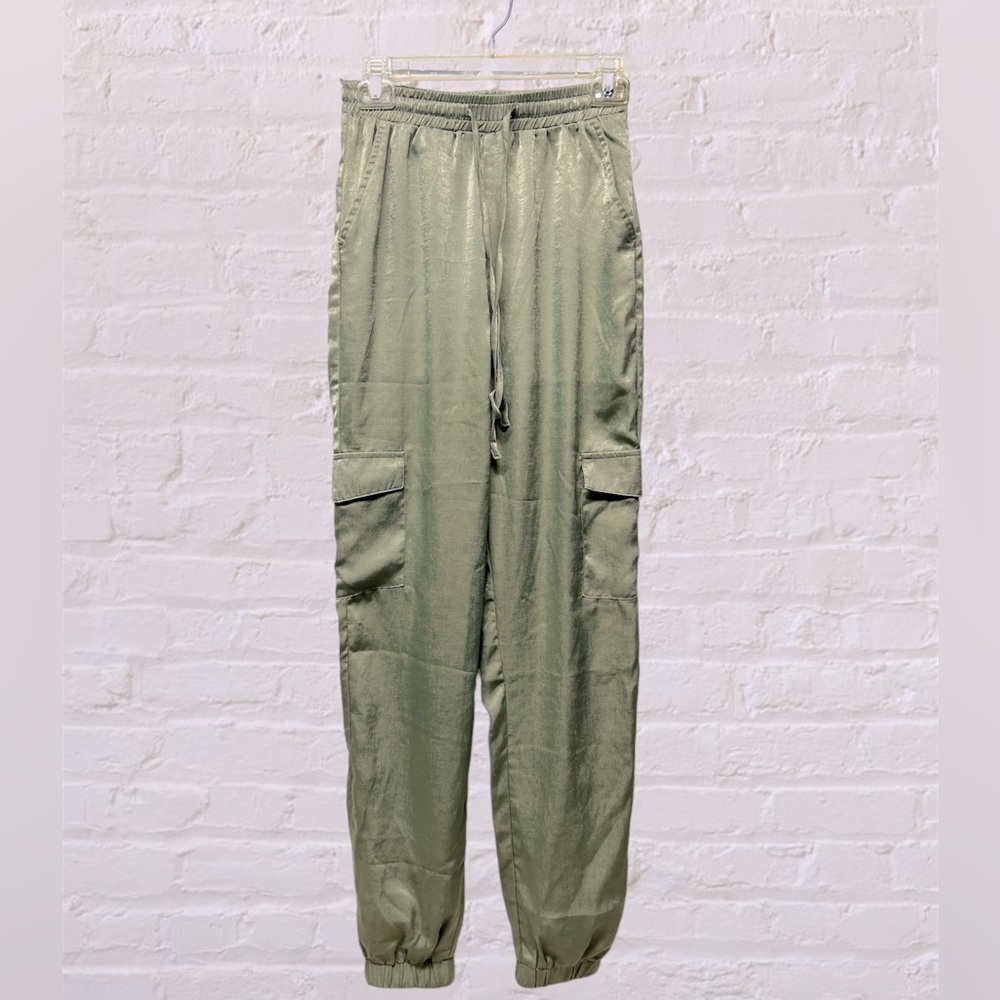 Missguided sage green silky utility cargo elastic waist pants joggers small tall